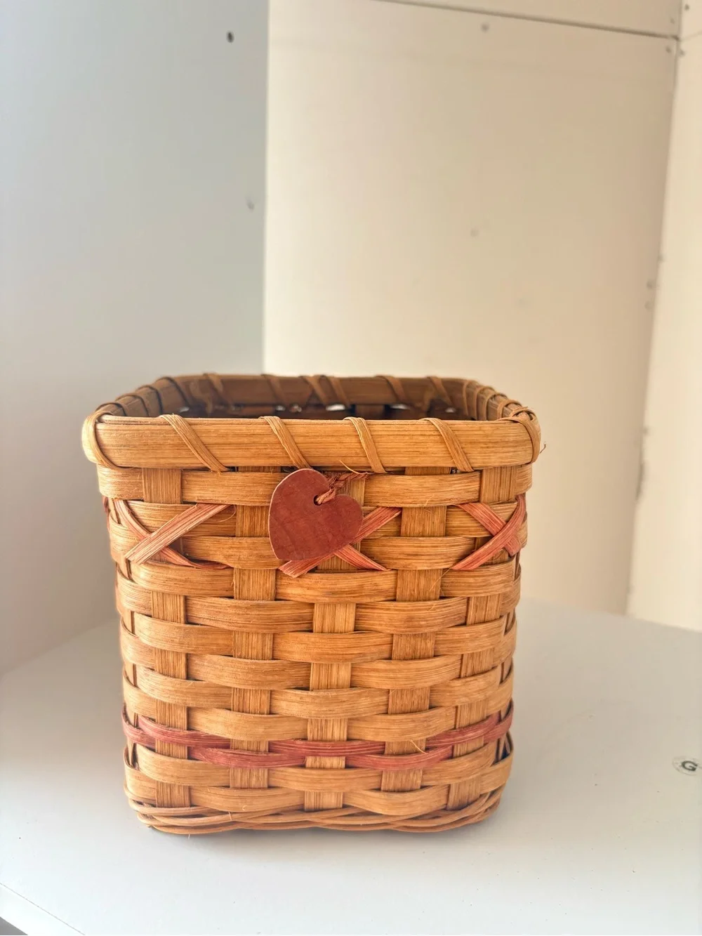 Vintage Woven Square Basket with Wooden Heart